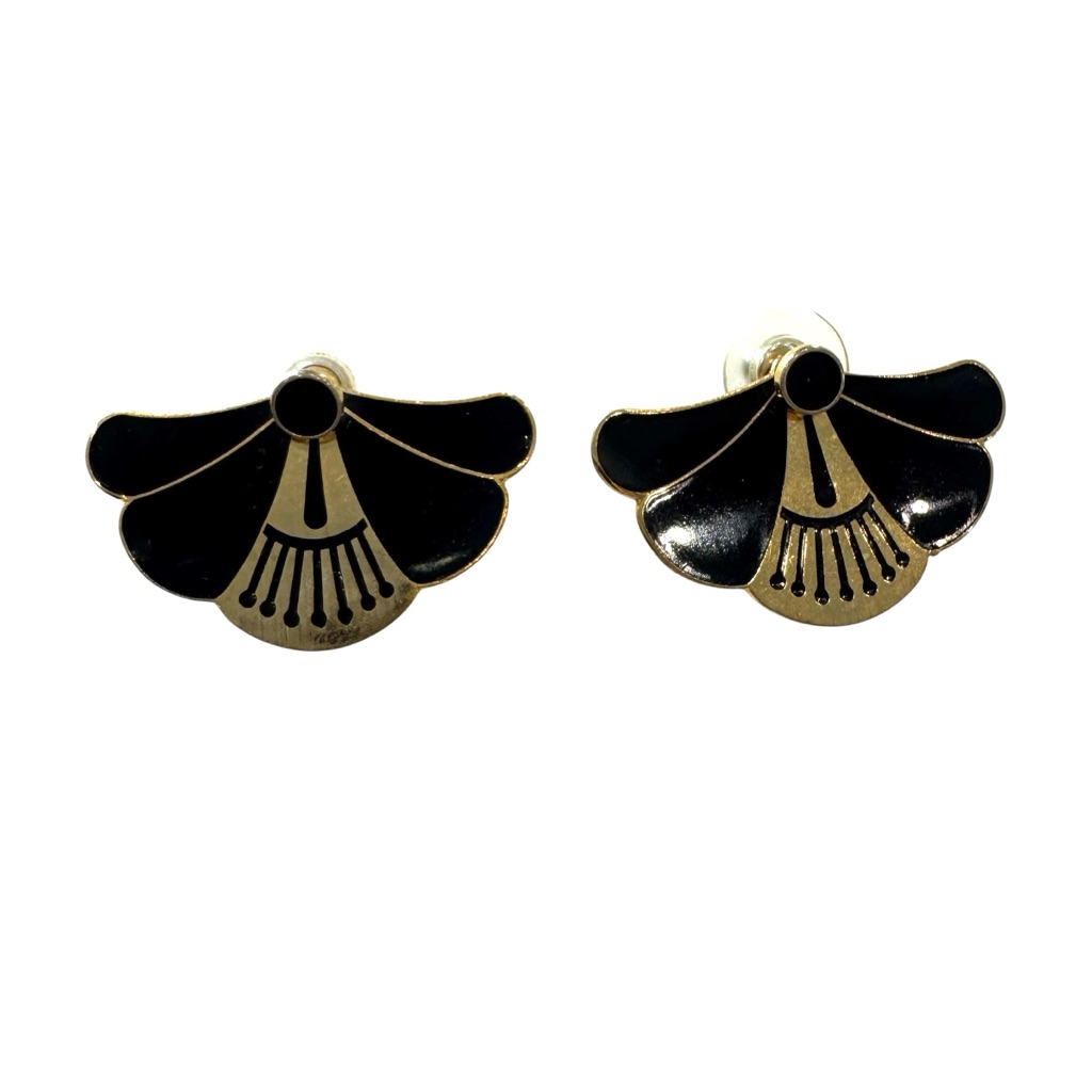 Vintage Laurel Burch Stud Earrings Fans Black Enamel Cloisonn Deco Multi Use